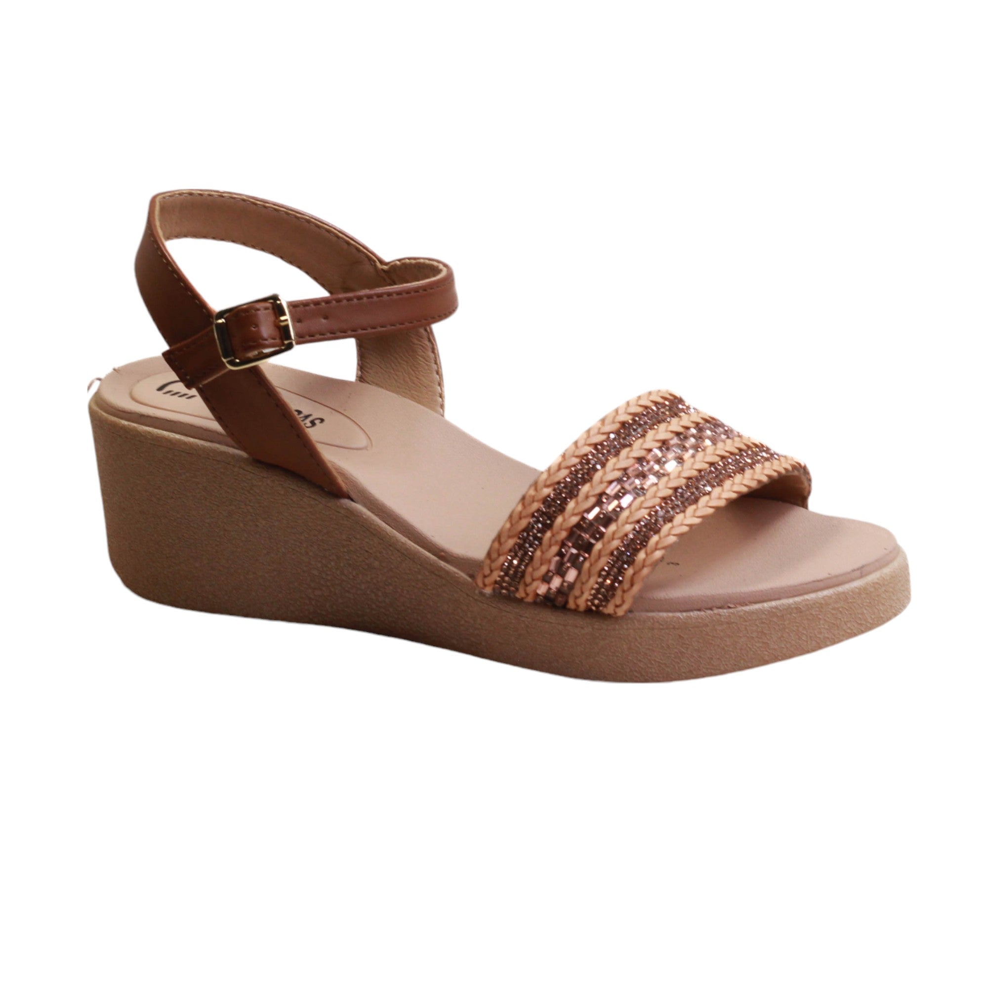 Sandalia para dama de plataforma y tiras entrelazadas con pedrería