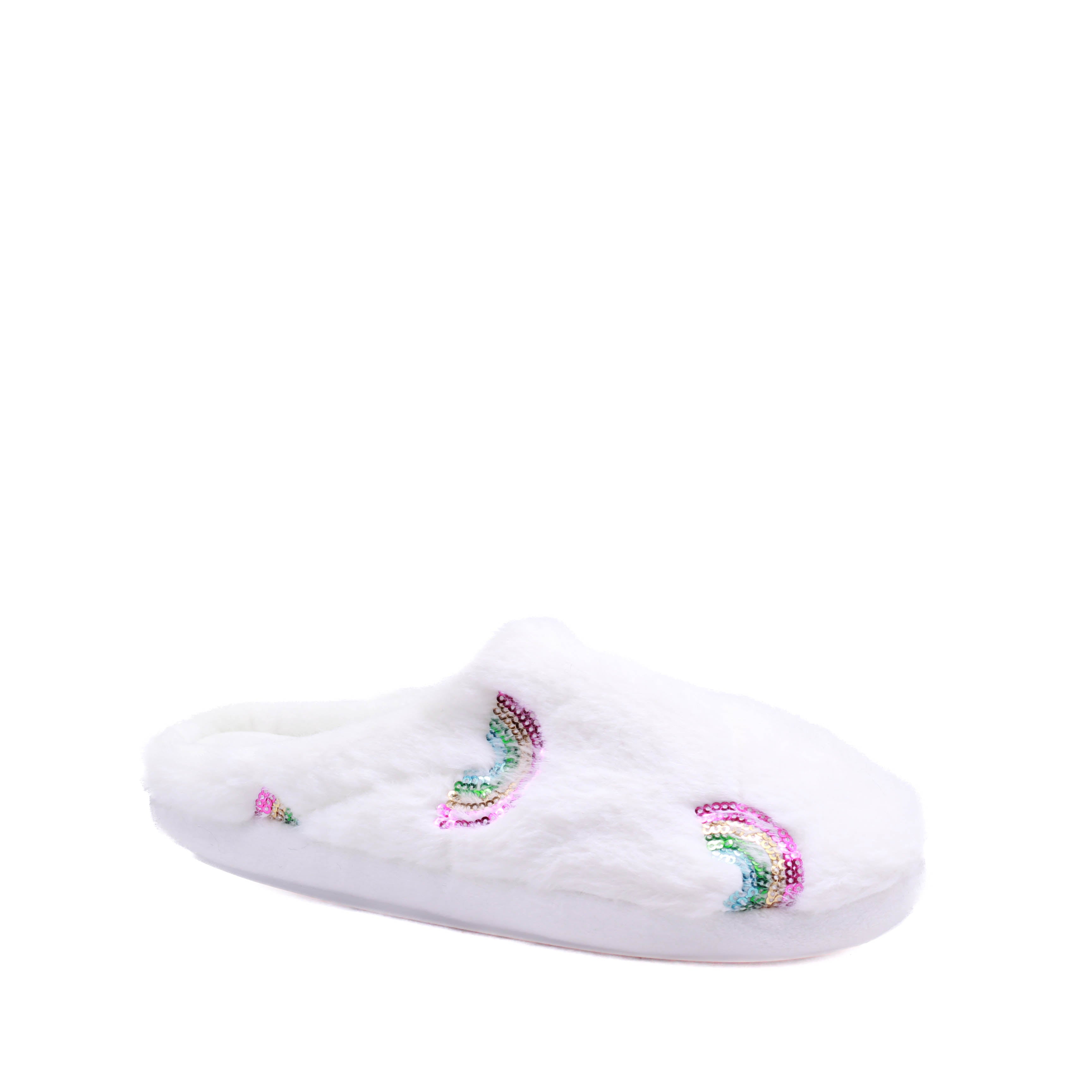 Pantufla para dama en color blanco con arcoiris de adorno