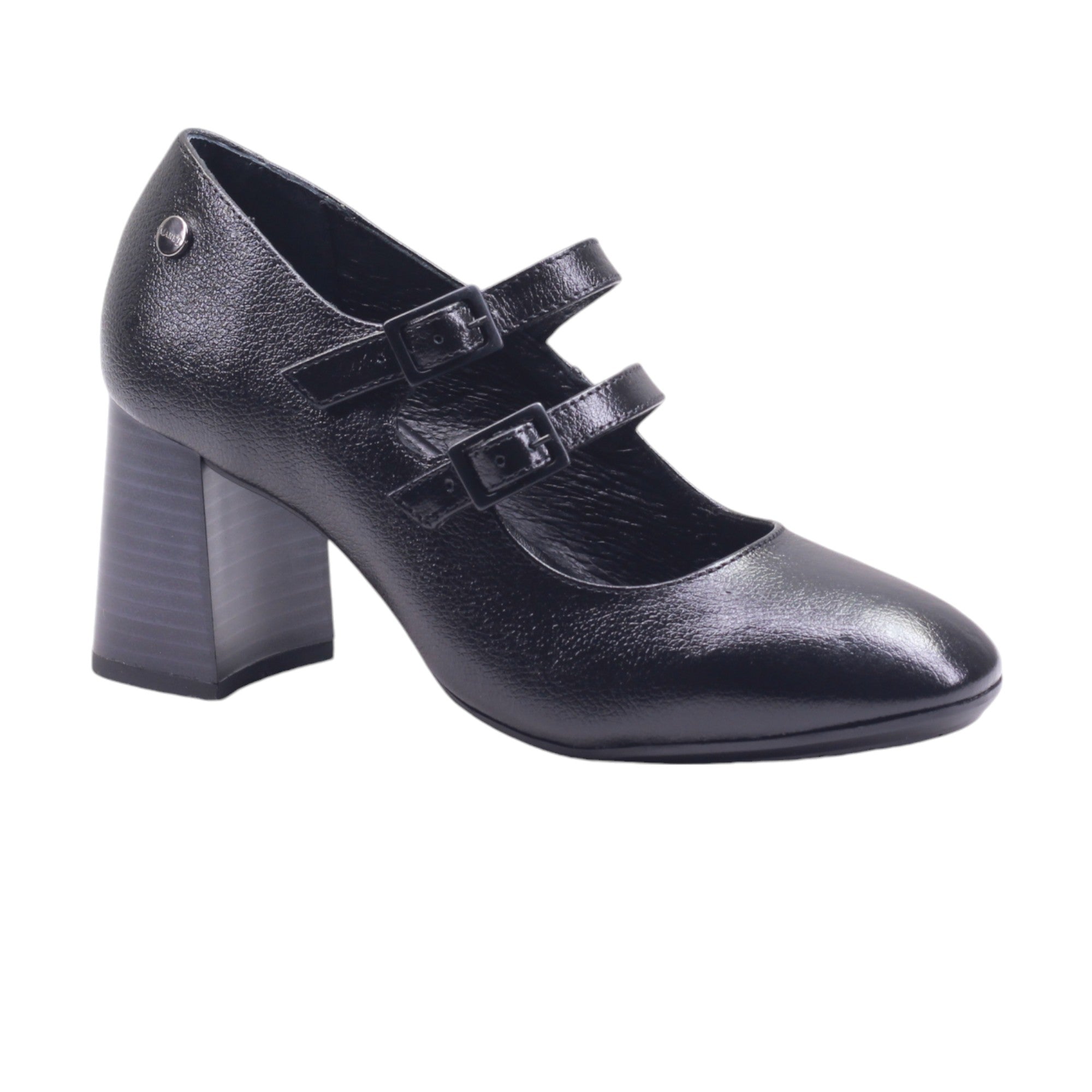 Calzado para dama de tacón ancho y doble tira con hebilla