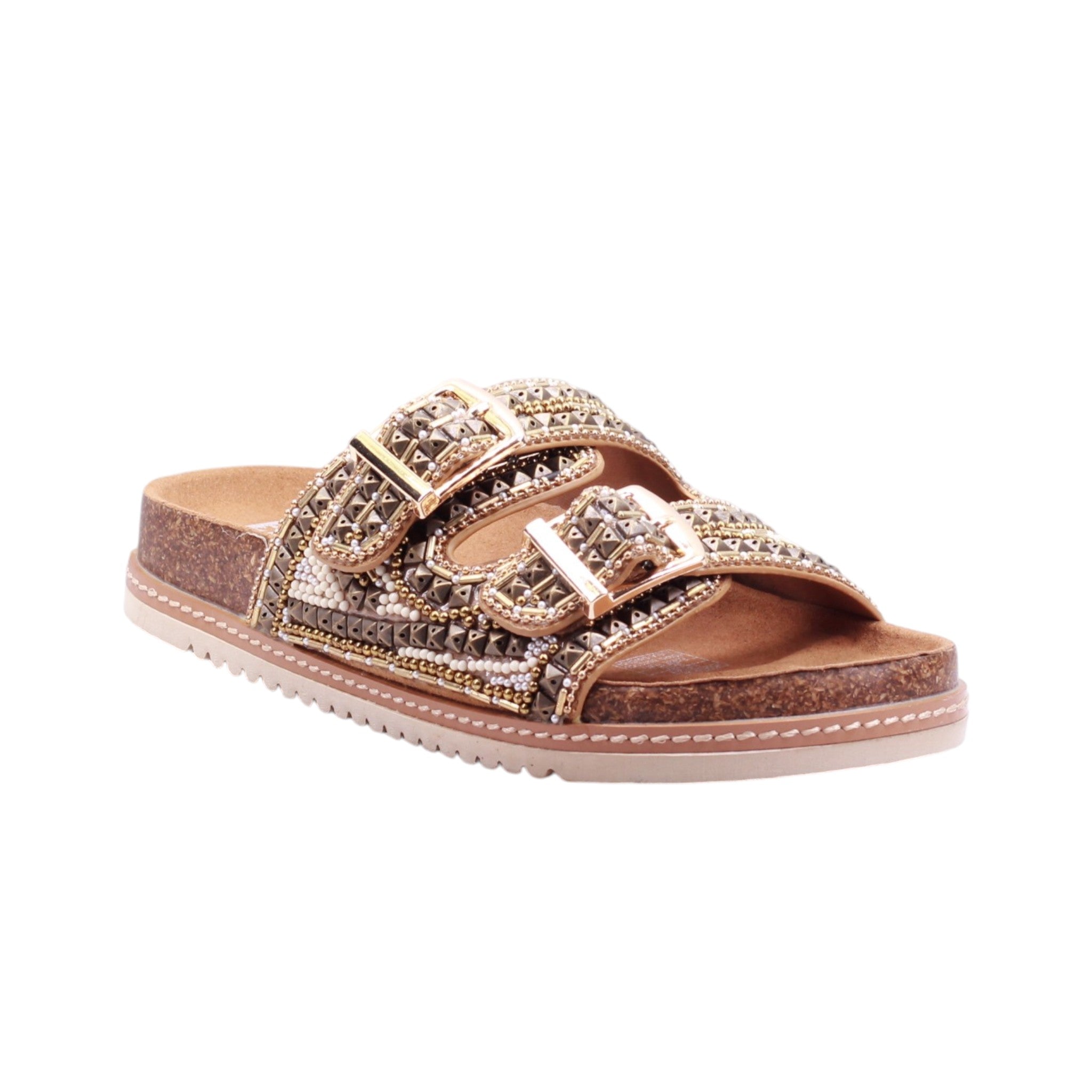 sandalia plataforma corte textil con hebilla