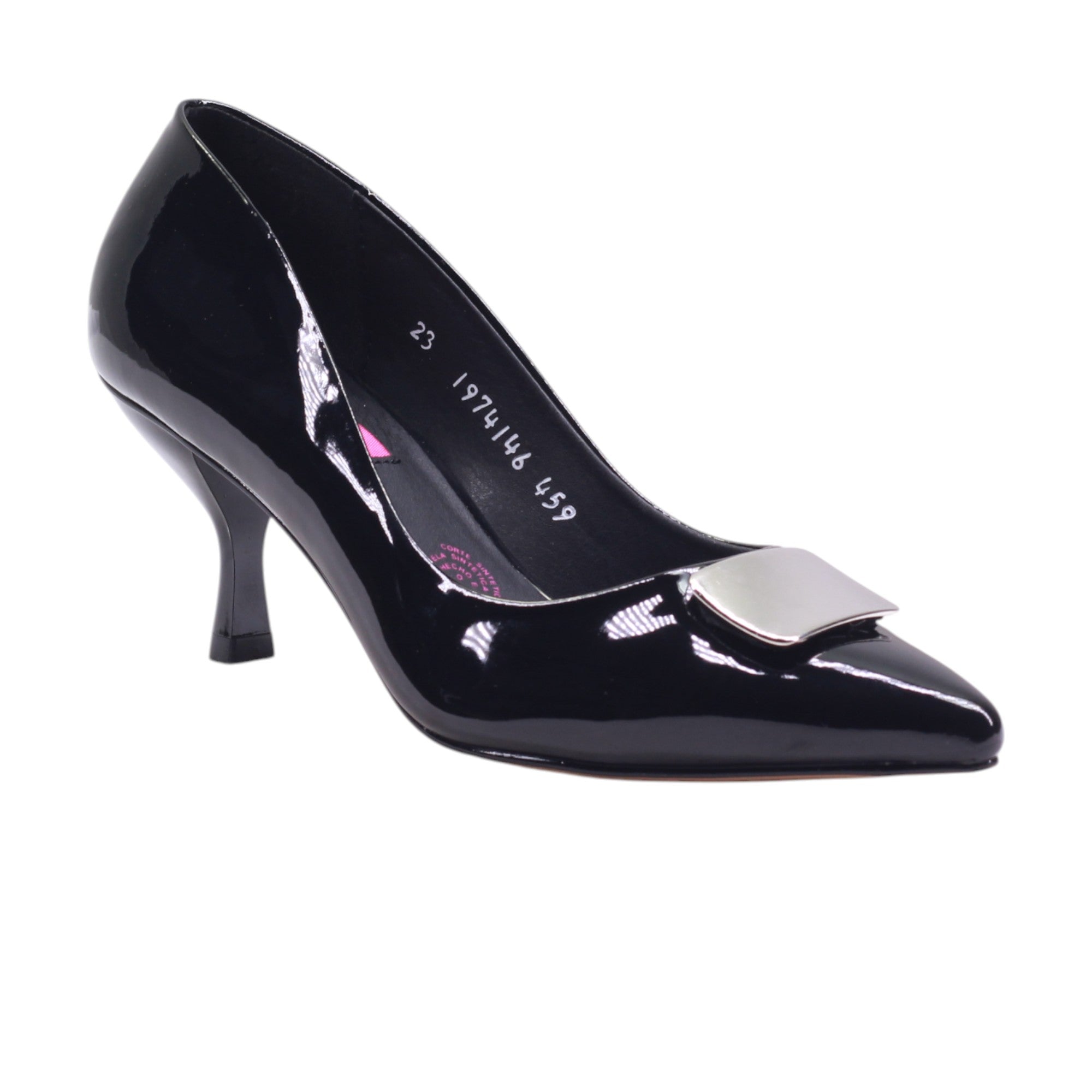 Zapatilla con tacón medio y adorno metálico frontal