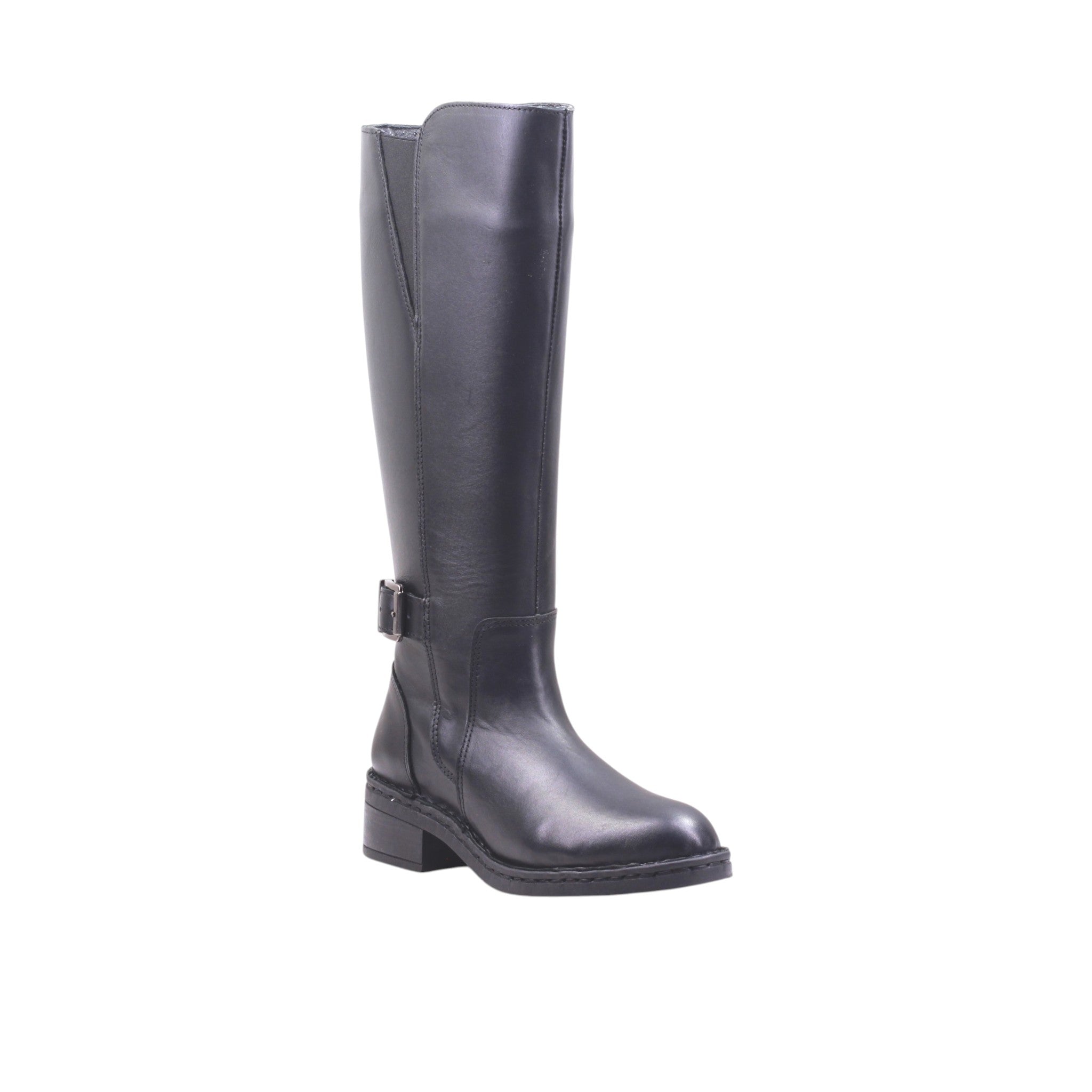 Bota alta dama color miel y negro con hebilla lateral