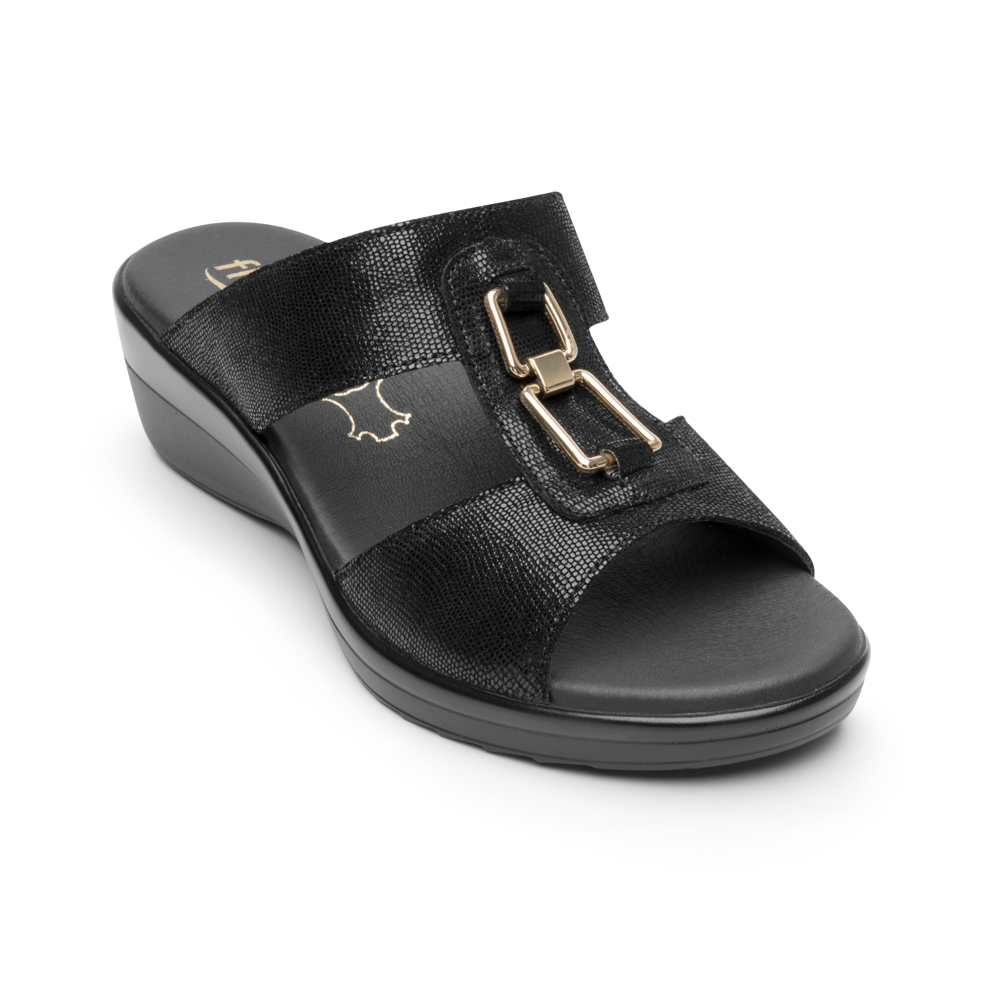 Sandalia de dama con plataforma y adorno metálico