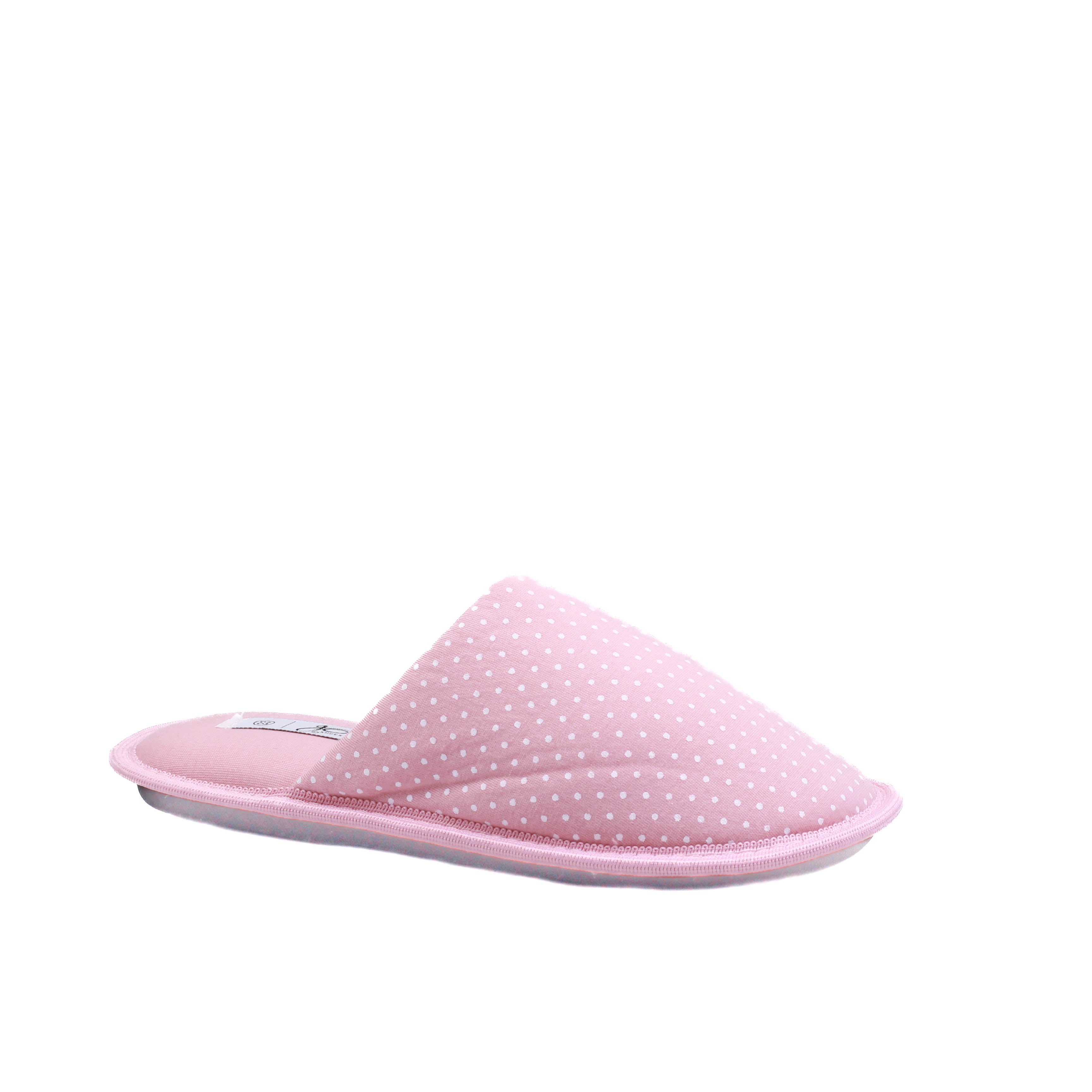 Pantufla para dama color rosa con puntos blancos de metedera