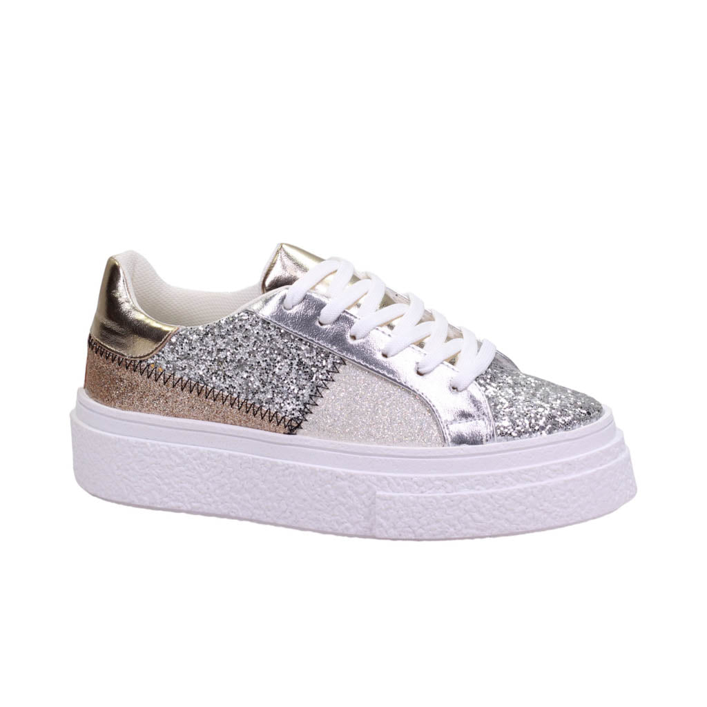 Tenis para dama de plataforma ancha con brillos en el corte