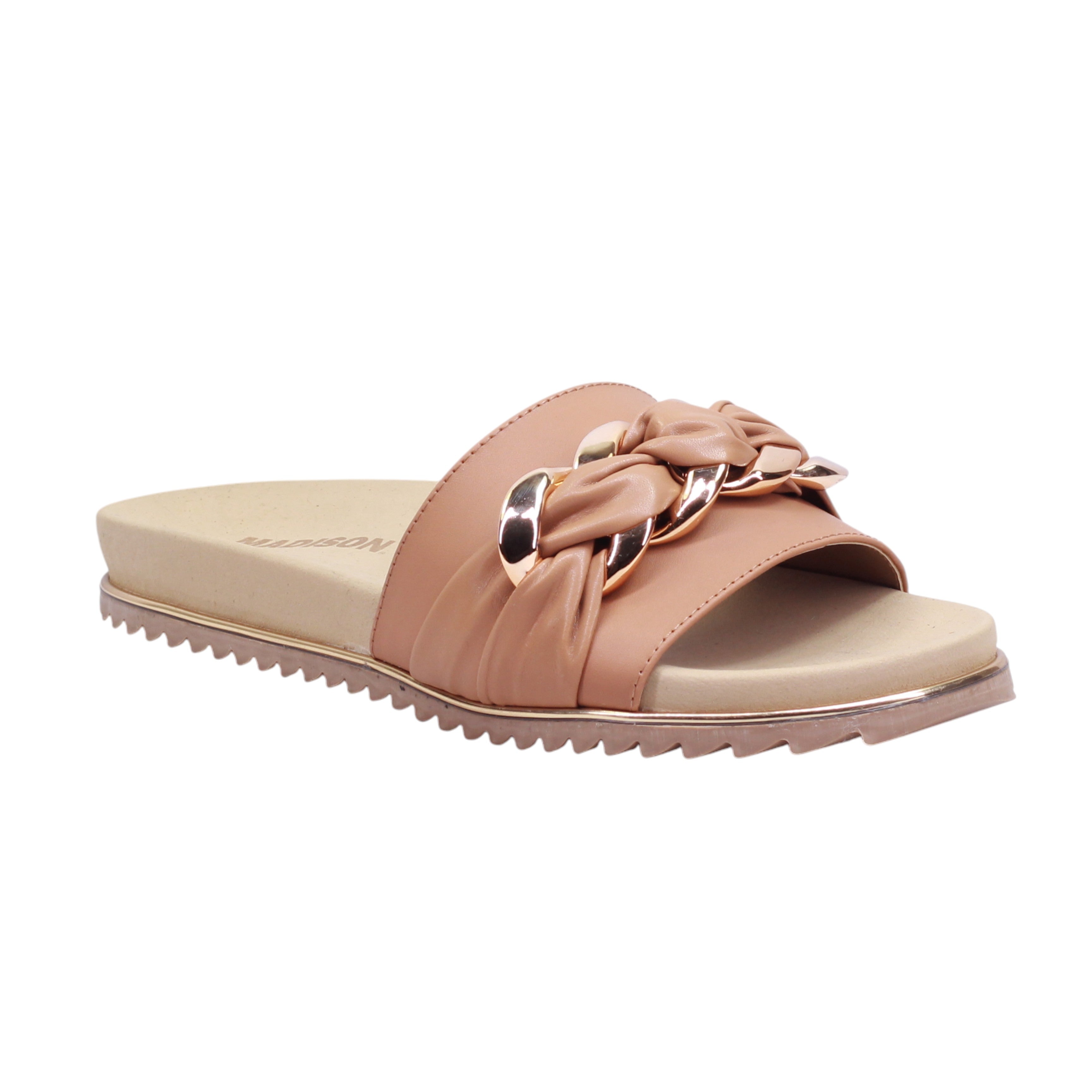 Sandalia tipo slide con herraje decorativo y suela dentada