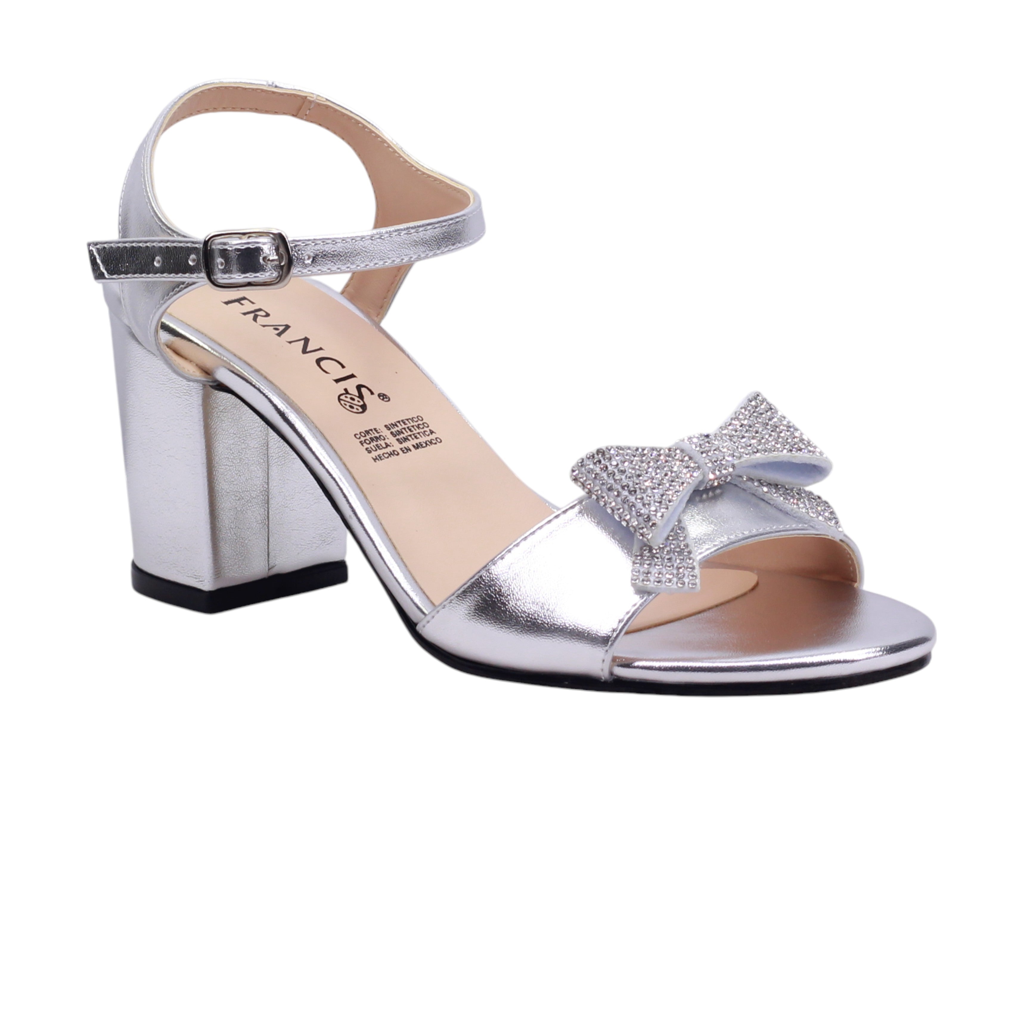 Zapatilla de tacón ancho con moño decorativo y acabado metálico