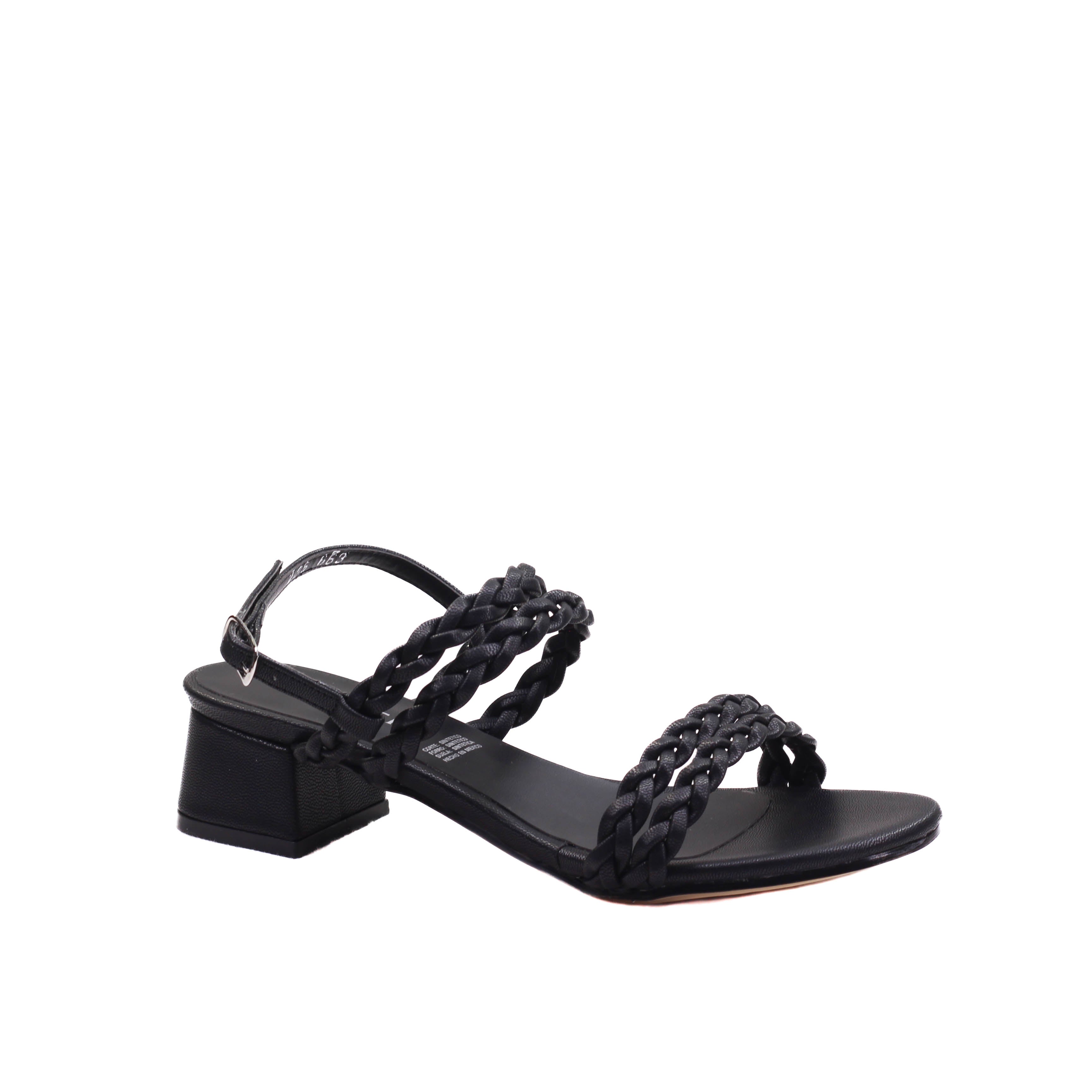 Zapatilla para dama de tacón ancho y tiras trenzadas.