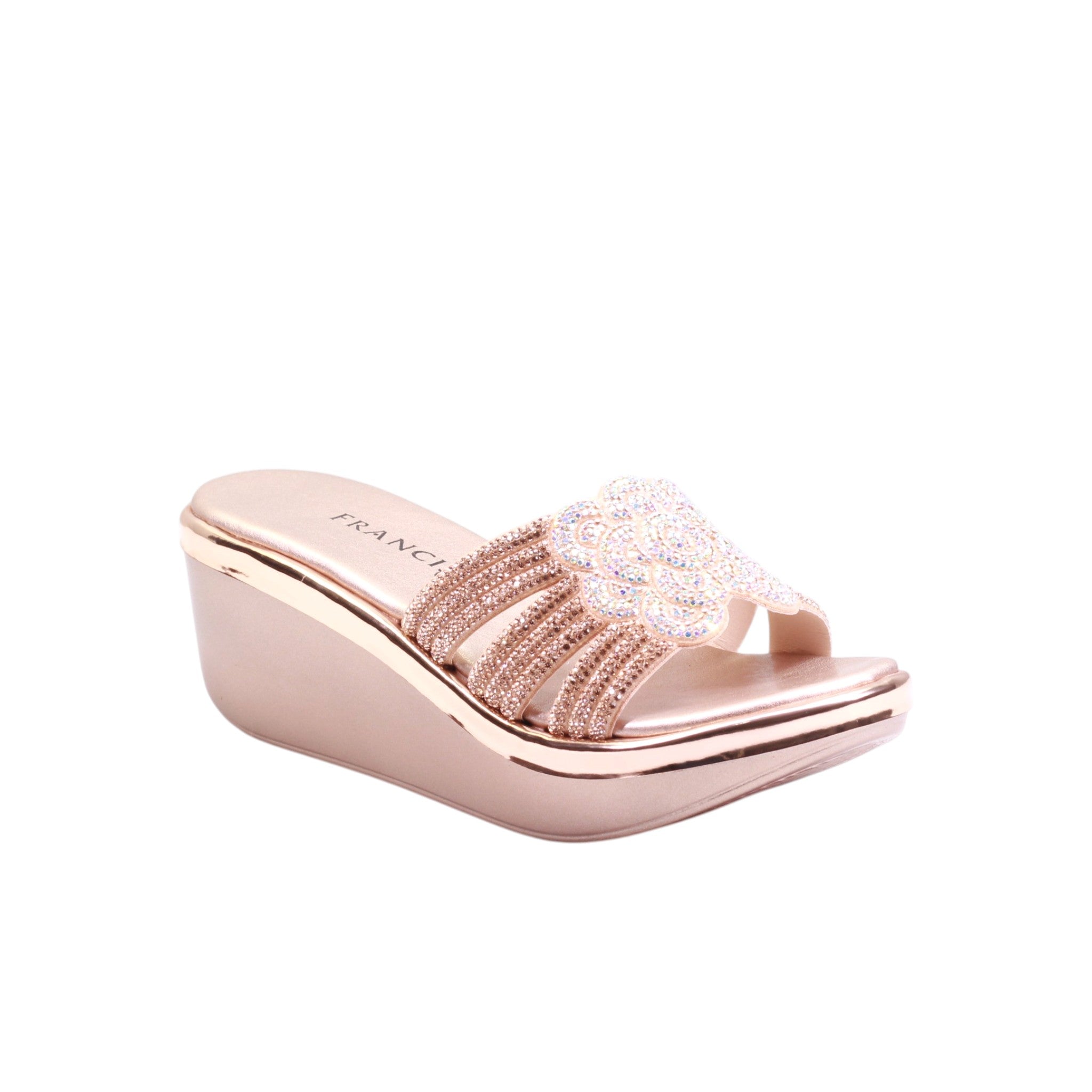 Sandalia de cuña para dama color oro rosado con tiras de pedrería y fl ...