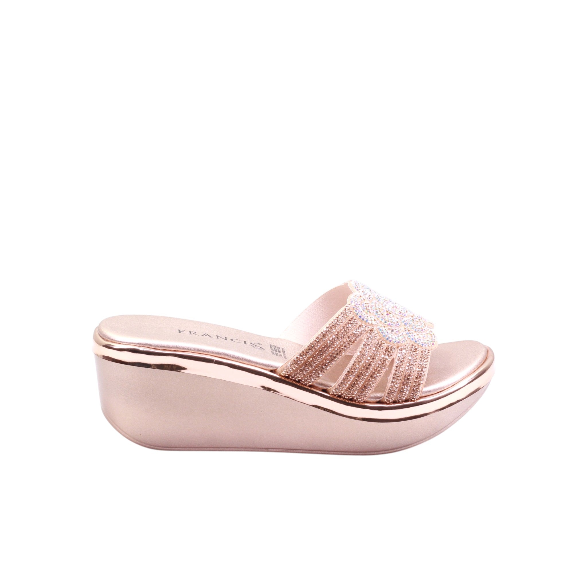 Sandalia de cuña para dama color oro rosado con tiras de pedrería y fl ...