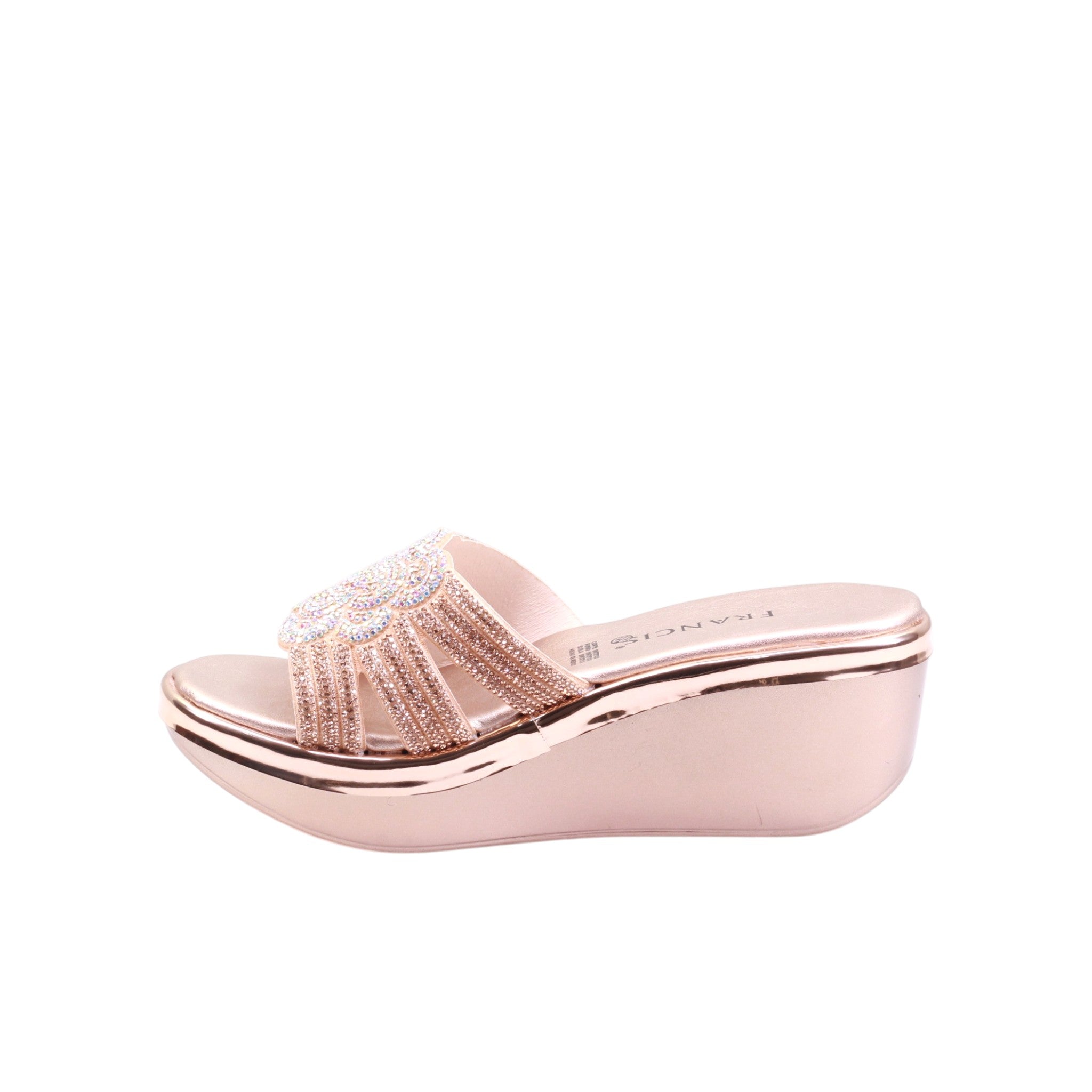 Sandalia de cuña para dama color oro rosado con tiras de pedrería y fl ...
