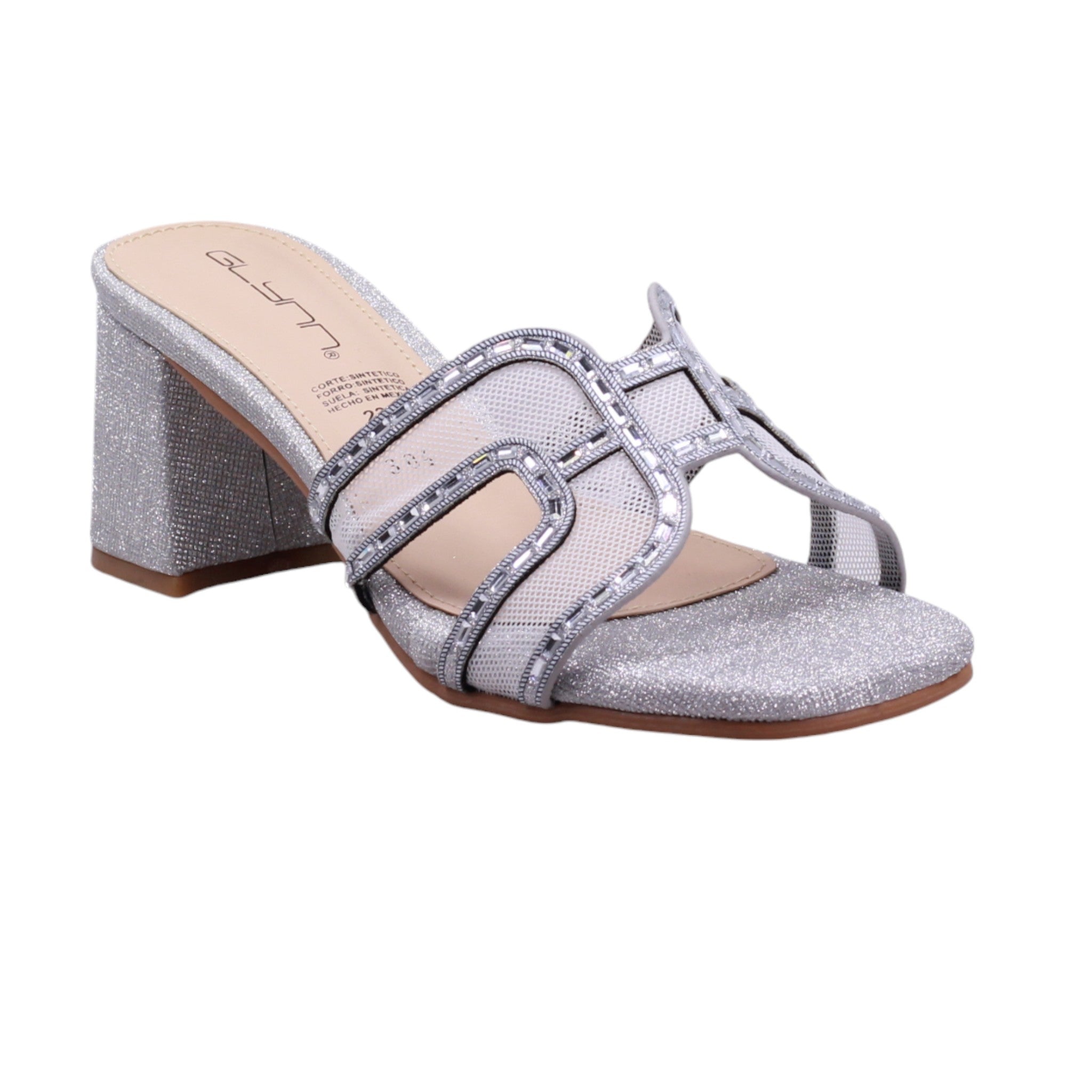 Sandalia elegante con malla decorativa y tacón ancho