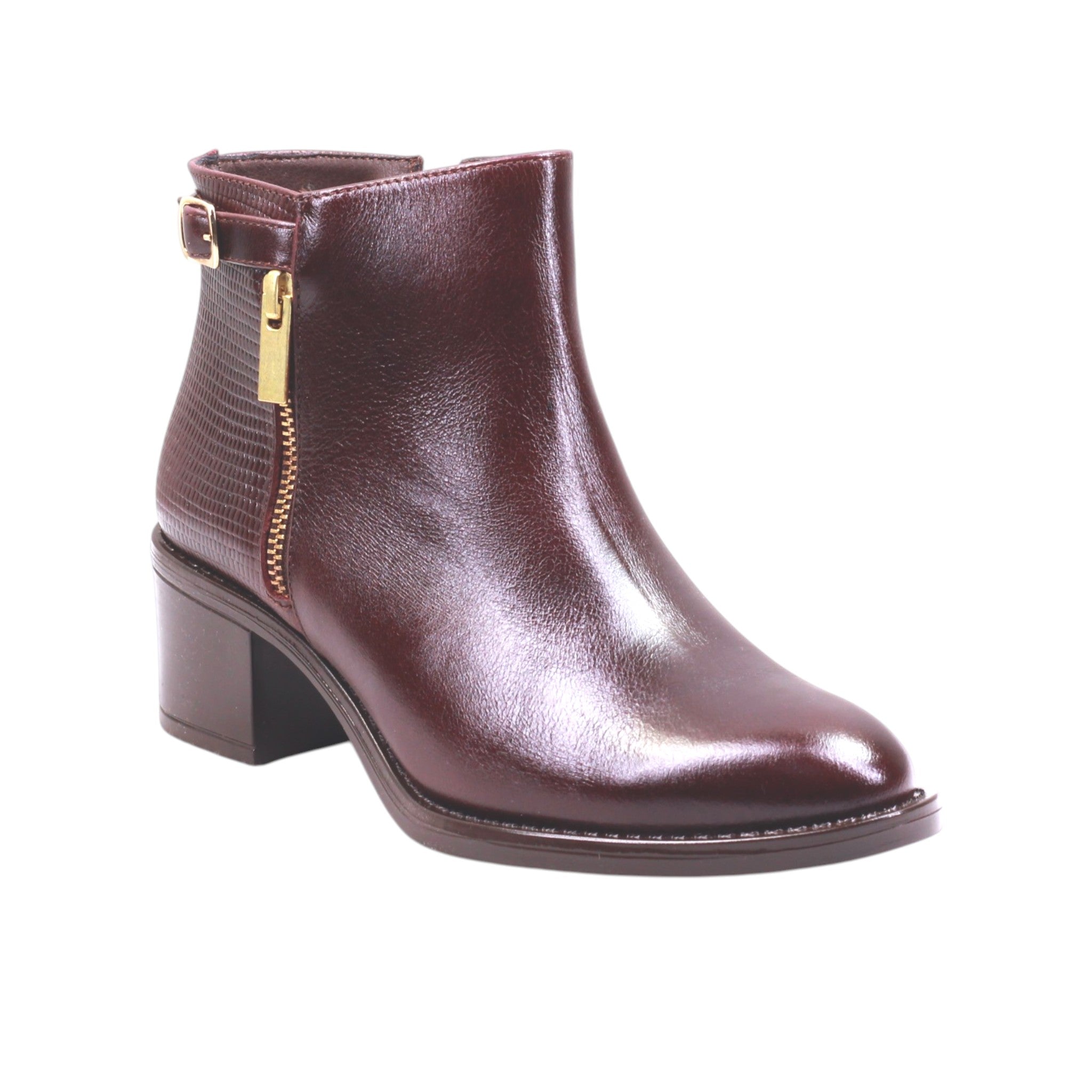 Bota corta dama color negro y toast con cierre dorado
