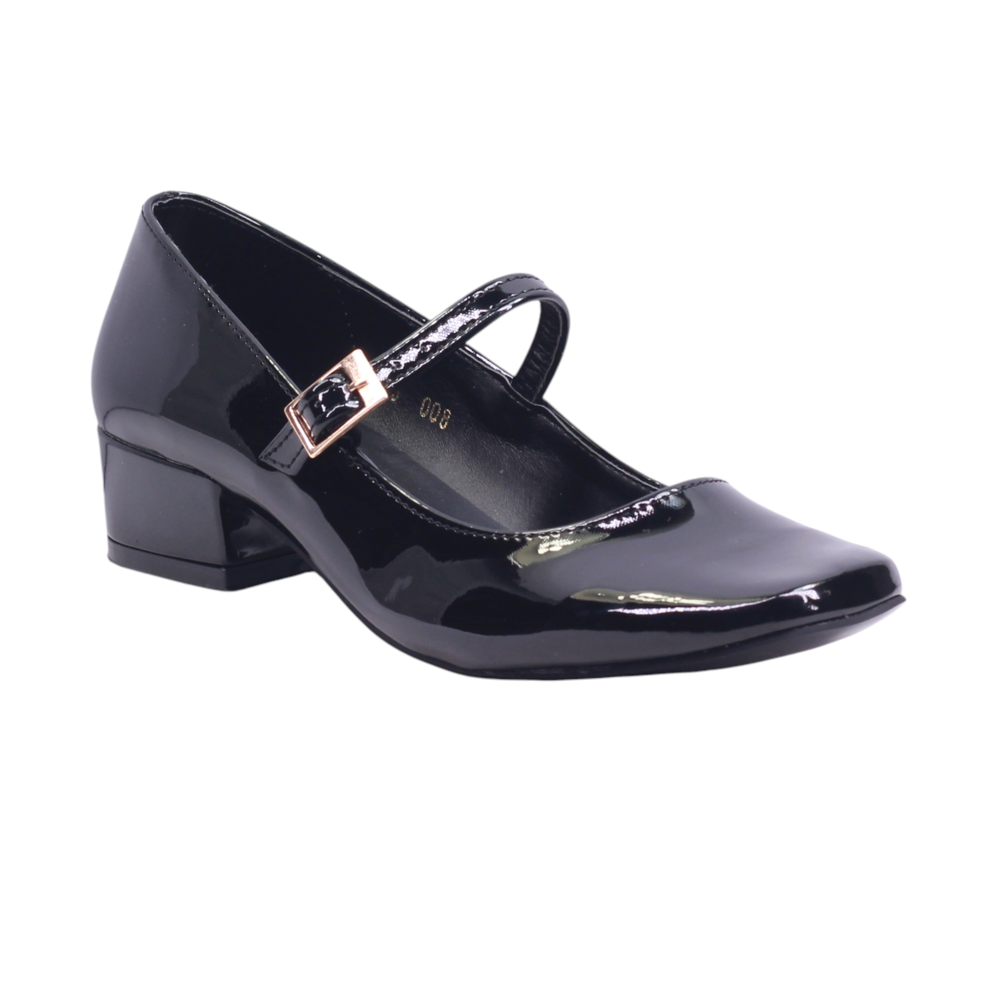 Mary Jane charolado con tacón bajo y hebilla dorada